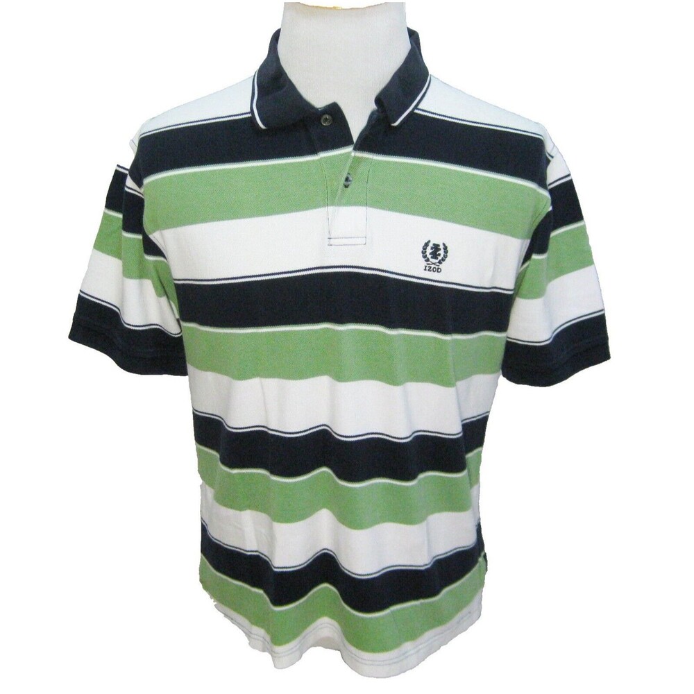 IZOD Men's (Size Large) Blue Green Striped Short Sleeve Knit Logo Polo Shirt Top